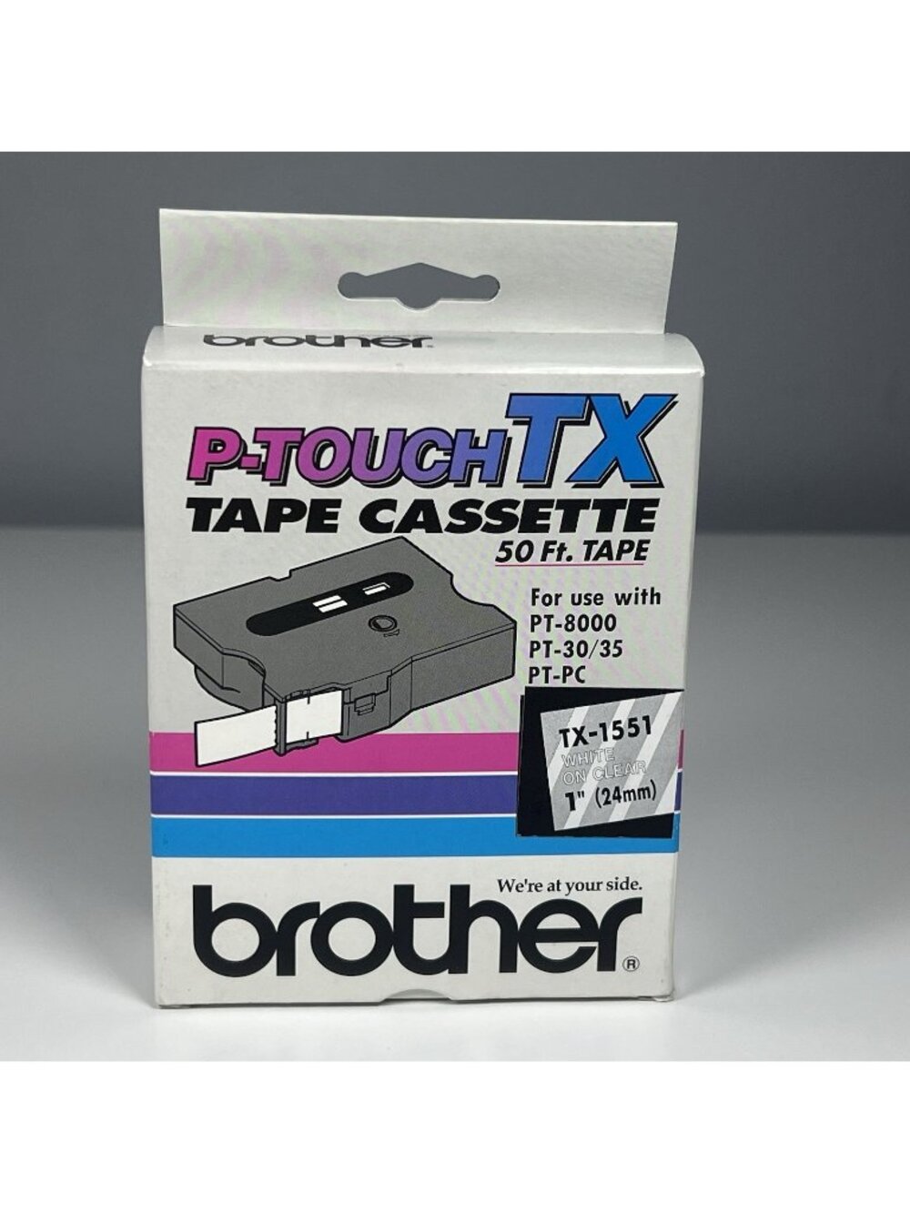 P-touch XL Tape Cassette Brother 1551 1" 24mm White On Clear TX-1551
